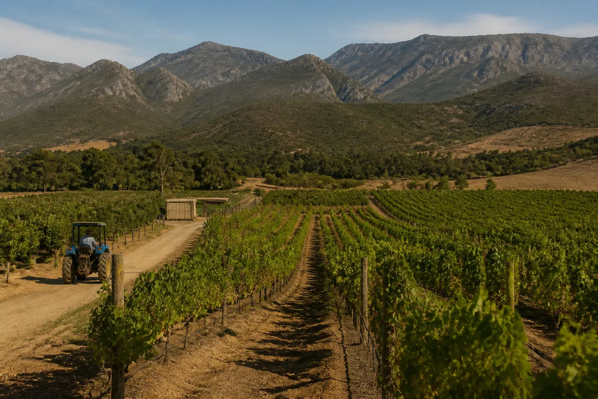 Paysage agricole du Cap-Occidental avec vignoble, vergers et montagnes en Afrique du Sud