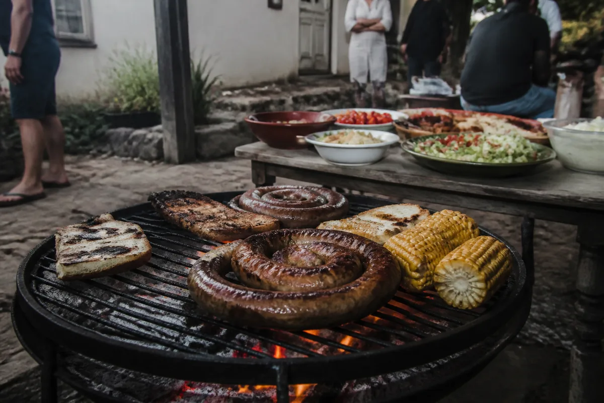 Braai sud-africain avec boerewors, maïs grillé, pain et salades autour d’un feu de bois