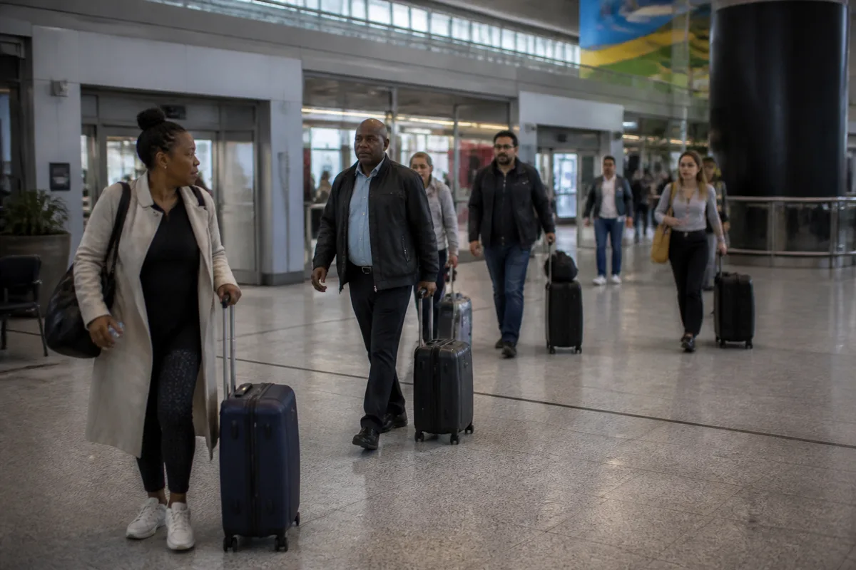 Arrivée de voyageurs avec leurs bagages dans le hall de l’aéroport international du Cap