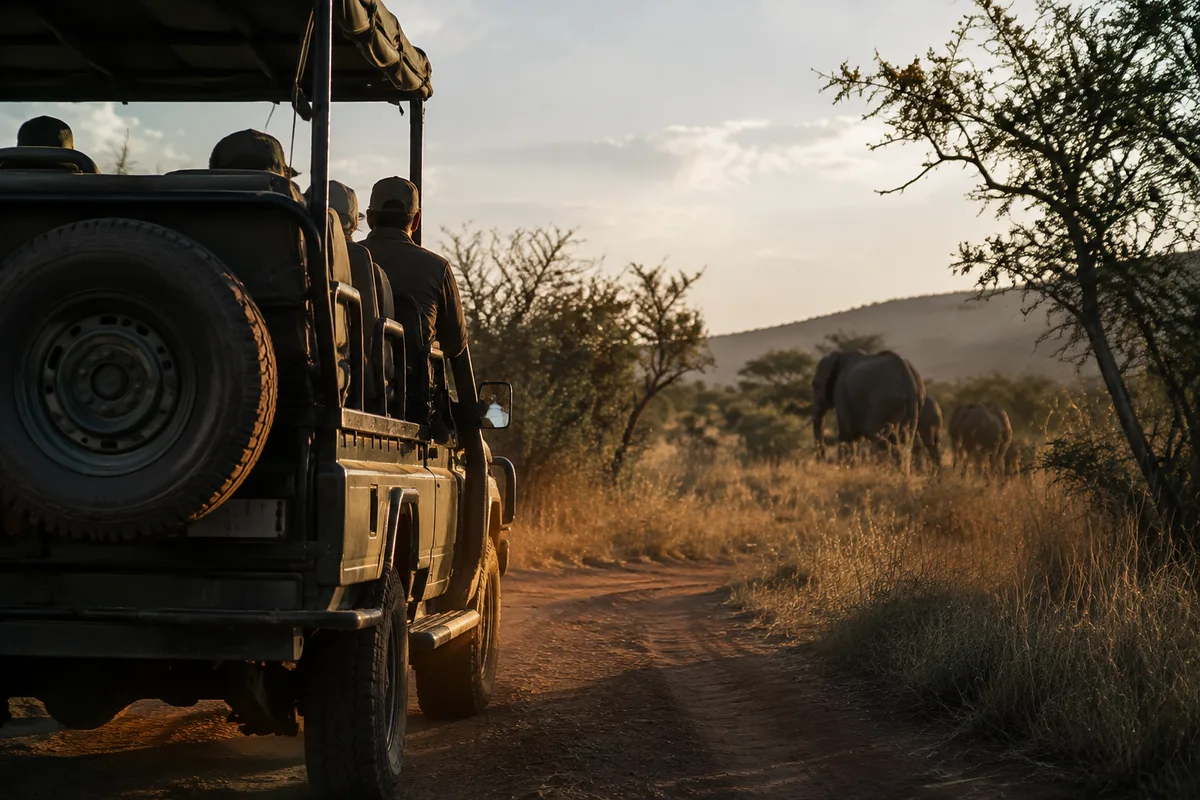 Véhicule de safari sur une piste d’une réserve sud-africaine