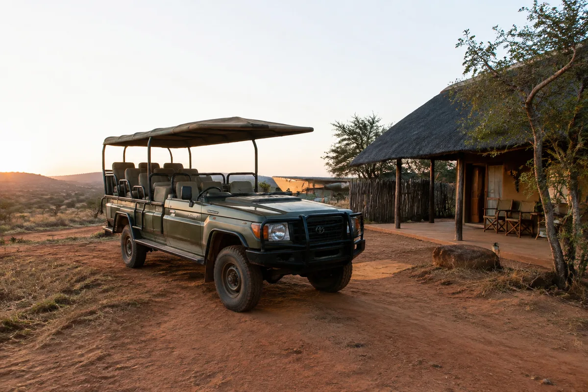 Véhicule de safari devant un lodge au bord d’une piste en Afrique du Sud